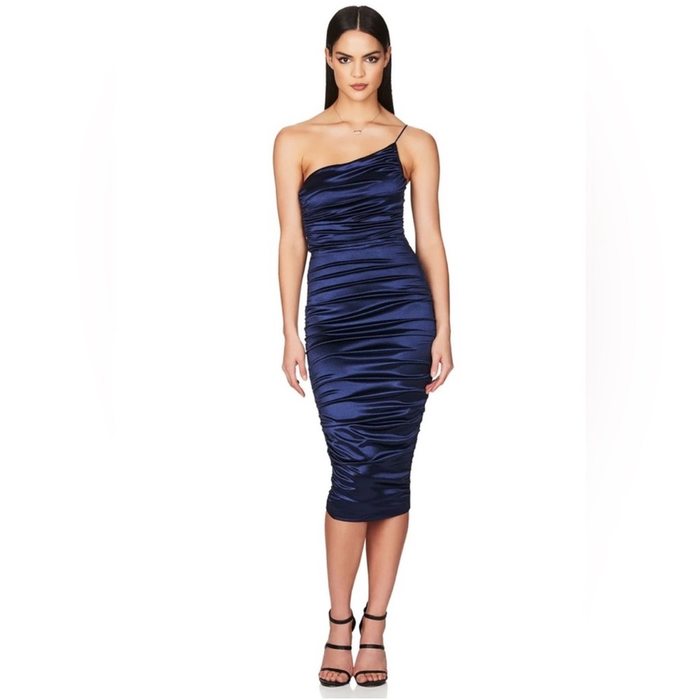 NWT Nookie Satin Cupid Midi Dress in Navy Blue Medium $280